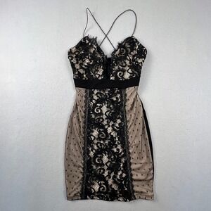 Mind Code Lace Bodycon Dress Womens Small Black Nude Floral Mesh Cocktail Party‎